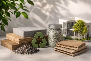 Sustainable building materials including recycled aggregate, concrete, wood and cardboard representing Materials and Resources for LEED AP BD+C.