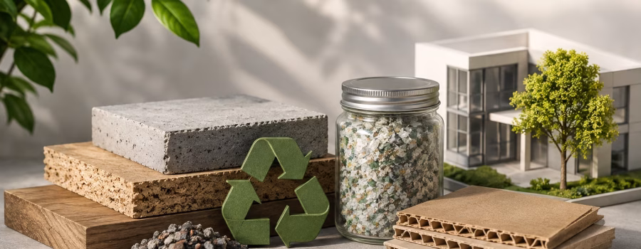 Sustainable building materials including recycled aggregate, concrete, wood and cardboard representing Materials and Resources for LEED AP BD+C.