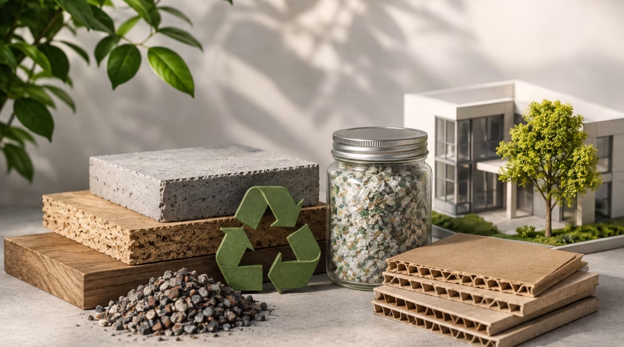 Sustainable building materials including recycled aggregate, concrete, wood and cardboard representing Materials and Resources for LEED AP BD+C.