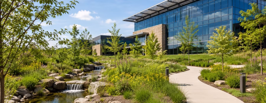 Sustainable commercial building surrounded by native landscaping, trees and a rain garden designed for responsible site and stormwater management.
