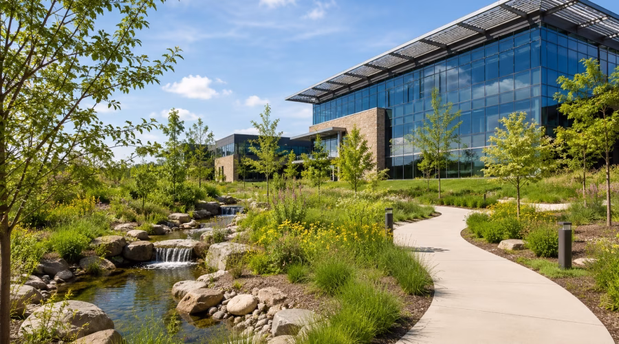 Sustainable commercial building surrounded by native landscaping, trees and a rain garden designed for responsible site and stormwater management.