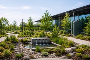 Water-efficient sustainable building landscape with rainwater harvesting, drought-tolerant planting and responsible water management features.