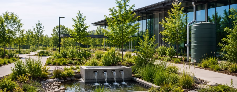 Water-efficient sustainable building landscape with rainwater harvesting, drought-tolerant planting and responsible water management features.