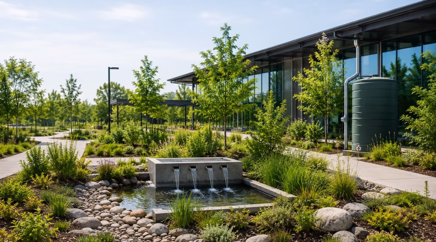 Water-efficient sustainable building landscape with rainwater harvesting, drought-tolerant planting and responsible water management features.