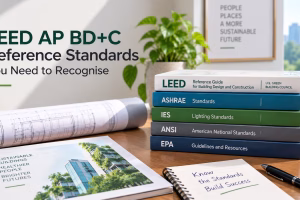 : LEED AP BD+C reference standards study materials featuring LEED, ASHRAE, IES, ANSI and EPA resources for exam preparation.