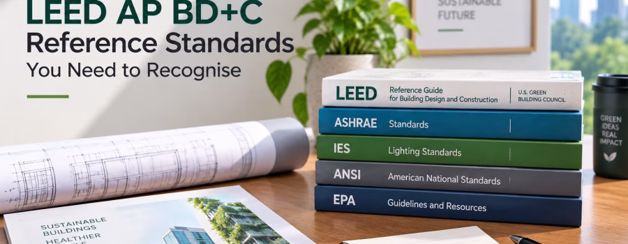 : LEED AP BD+C reference standards study materials featuring LEED, ASHRAE, IES, ANSI and EPA resources for exam preparation.