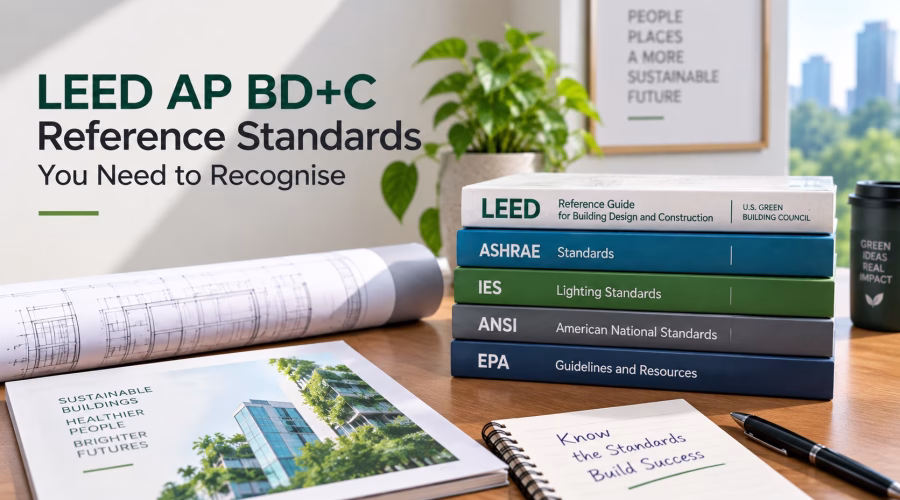 : LEED AP BD+C reference standards study materials featuring LEED, ASHRAE, IES, ANSI and EPA resources for exam preparation.
