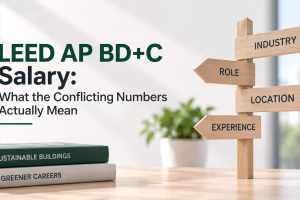Signpost showing industry, role, location and experience as factors influencing LEED AP BD+C salary comparisons.