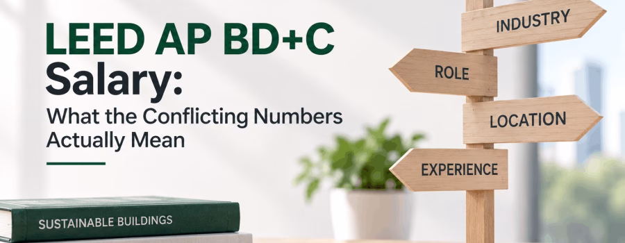 Signpost showing industry, role, location and experience as factors influencing LEED AP BD+C salary comparisons.
