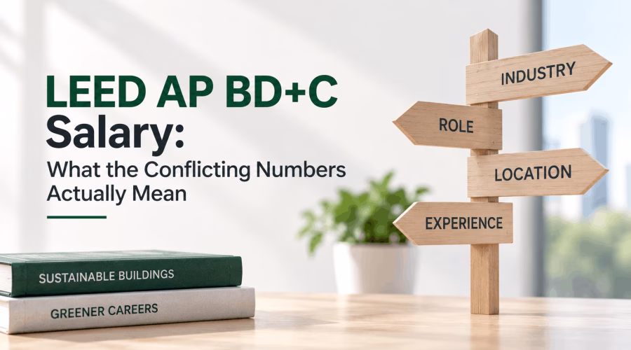 Signpost showing industry, role, location and experience as factors influencing LEED AP BD+C salary comparisons.