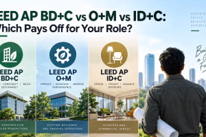 Comparison of LEED AP BD+C, O+M and ID+C credentials for new construction, existing buildings and interior design career roles.