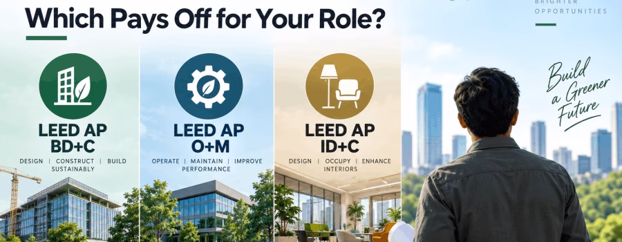 Comparison of LEED AP BD+C, O+M and ID+C credentials for new construction, existing buildings and interior design career roles.