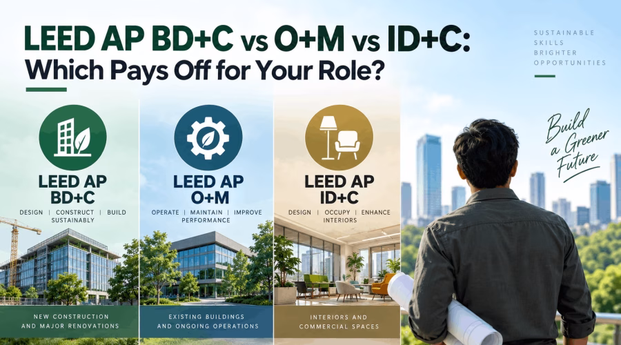 Comparison of LEED AP BD+C, O+M and ID+C credentials for new construction, existing buildings and interior design career roles.