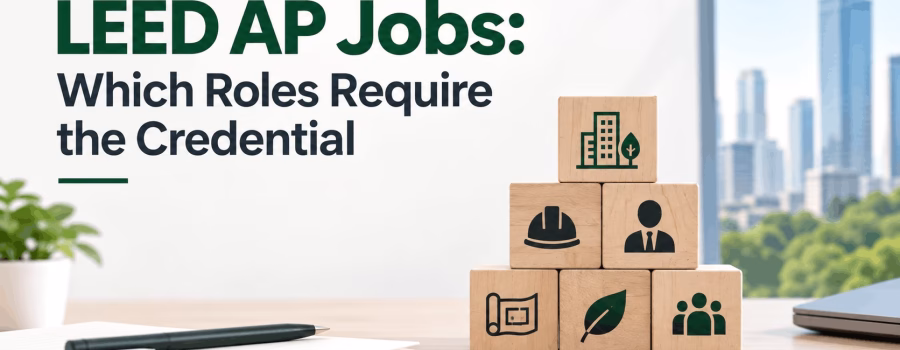 Career role icons representing green building, construction, design, sustainability and management opportunities associated with LEED AP credentials.