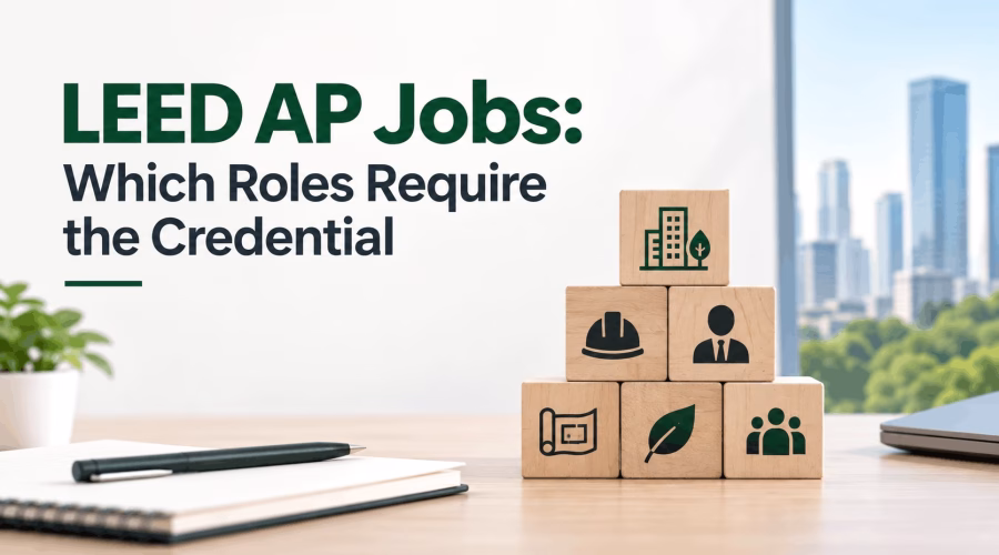 Career role icons representing green building, construction, design, sustainability and management opportunities associated with LEED AP credentials.