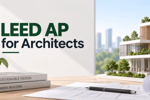 Sustainable building model and architectural blueprints representing LEED AP knowledge and green building design for architects.