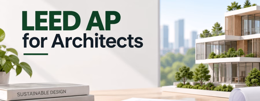 Sustainable building model and architectural blueprints representing LEED AP knowledge and green building design for architects.
