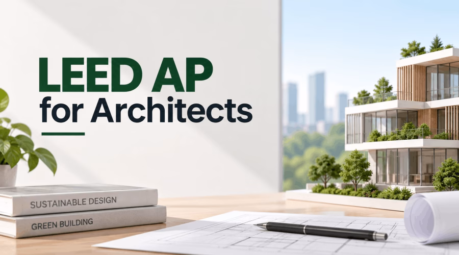 Sustainable building model and architectural blueprints representing LEED AP knowledge and green building design for architects.