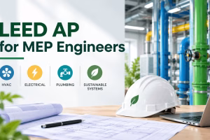 MEP engineering plans showing HVAC, electrical and plumbing systems for sustainable building design and LEED AP applications.