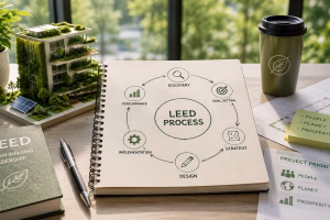 LEED process and project priorities illustrated with an integrated planning cycle, sustainable building model and green design materials for LEED AP BD+C.