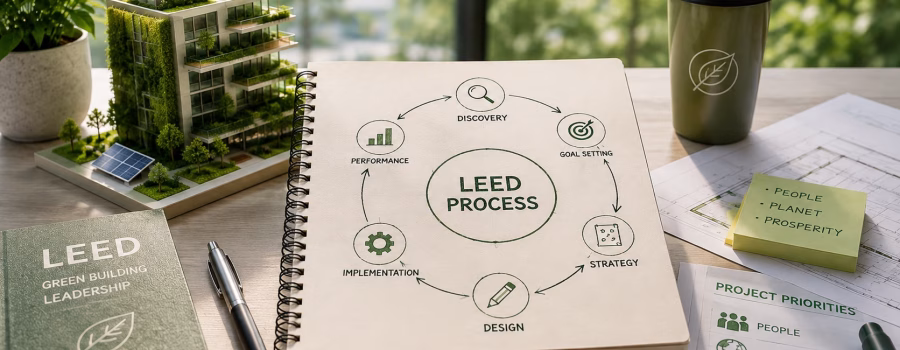 LEED process and project priorities illustrated with an integrated planning cycle, sustainable building model and green design materials for LEED AP BD+C.