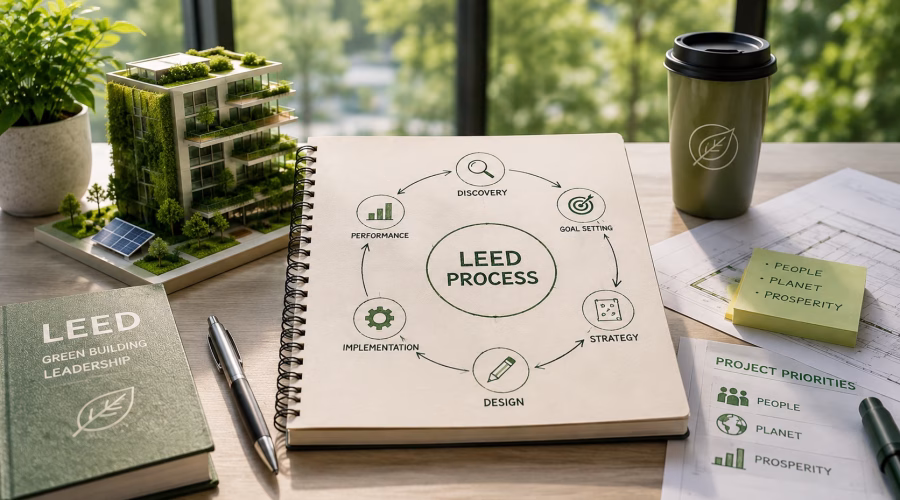 LEED process and project priorities illustrated with an integrated planning cycle, sustainable building model and green design materials for LEED AP BD+C.