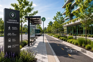 Sustainable urban transportation with public transit, dedicated bike lane, walkable paths and green buildings representing Location and Transportation for LEED AP BD+C.