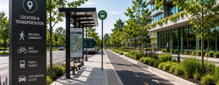 Sustainable urban transportation with public transit, dedicated bike lane, walkable paths and green buildings representing Location and Transportation for LEED AP BD+C.