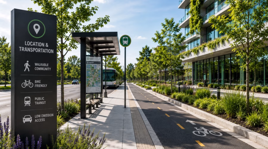 Sustainable urban transportation with public transit, dedicated bike lane, walkable paths and green buildings representing Location and Transportation for LEED AP BD+C.