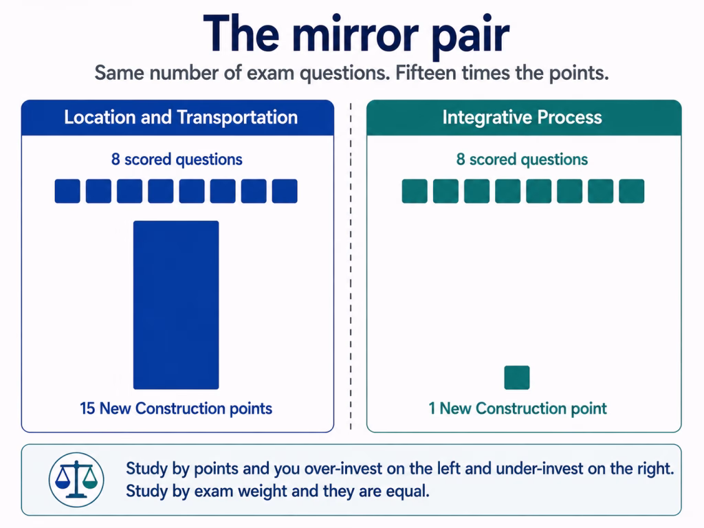 Two columns showing Location and Transportation and Integrative Process with the same eight questions but fifteen points against one