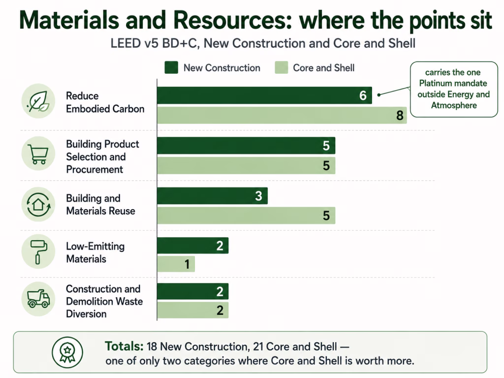 Paired bars showing Materials and Resources credit points for New Construction and Core and Shell, led by Reduce Embodied Carbon