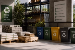 Sustainable construction materials, recycled building products and waste sorting bins representing Materials and Resources for LEED AP BD+C.