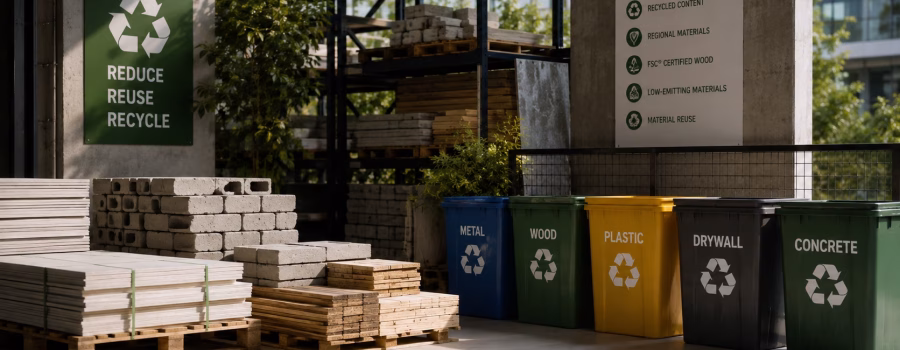 Sustainable construction materials, recycled building products and waste sorting bins representing Materials and Resources for LEED AP BD+C.