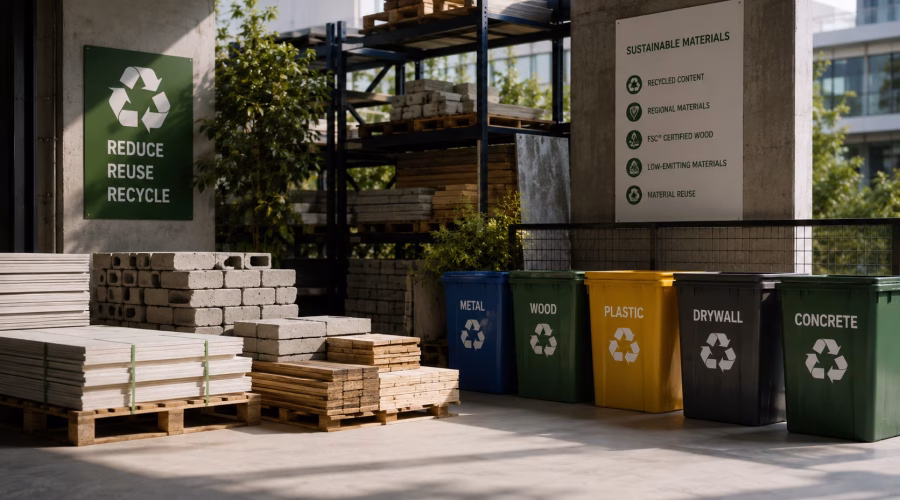 Sustainable construction materials, recycled building products and waste sorting bins representing Materials and Resources for LEED AP BD+C.