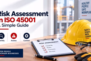 Risk Assessment in ISO 45001: A Simple Guide featuring a safety helmet, protective glasses, gloves, and a risk assessment checklist.