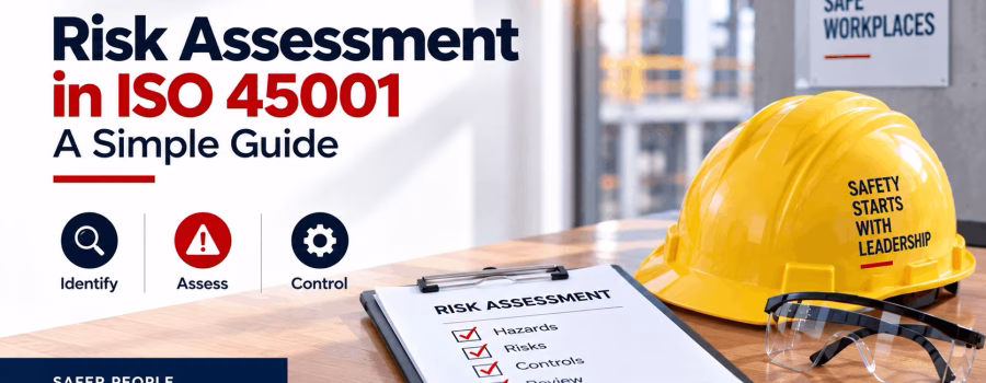 Risk Assessment in ISO 45001: A Simple Guide featuring a safety helmet, protective glasses, gloves, and a risk assessment checklist.