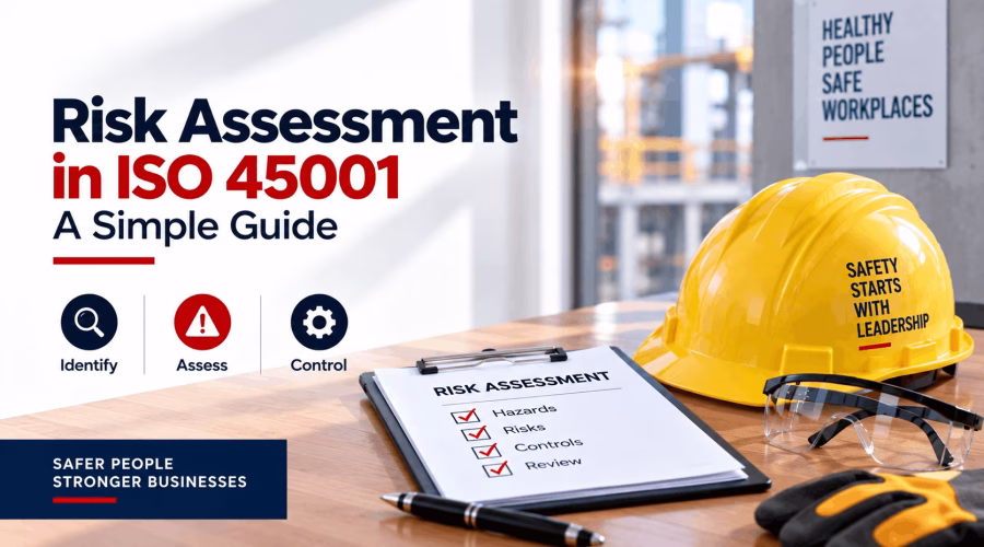 Risk Assessment in ISO 45001: A Simple Guide featuring a safety helmet, protective glasses, gloves, and a risk assessment checklist.