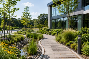 Alt text: Sustainable site with rain garden, permeable walkway, native landscaping and a modern green building representing LEED AP BD+C Sustainable Sites.