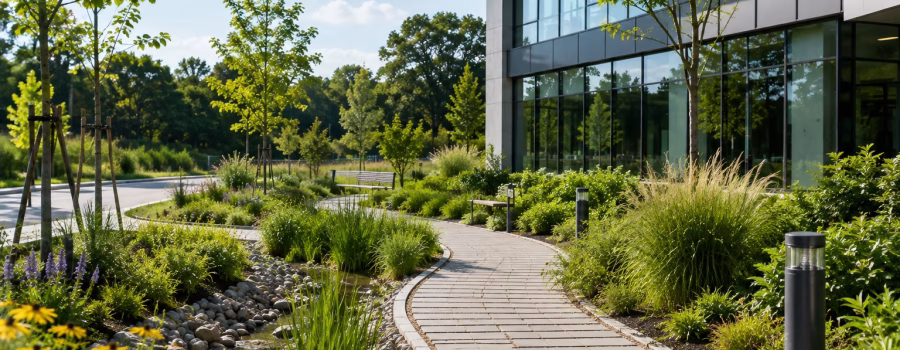 Alt text: Sustainable site with rain garden, permeable walkway, native landscaping and a modern green building representing LEED AP BD+C Sustainable Sites.