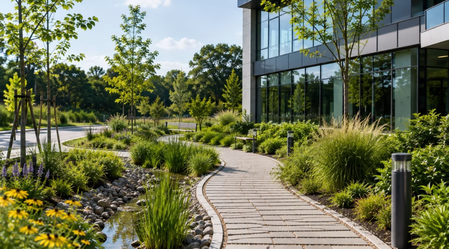 Alt text: Sustainable site with rain garden, permeable walkway, native landscaping and a modern green building representing LEED AP BD+C Sustainable Sites.
