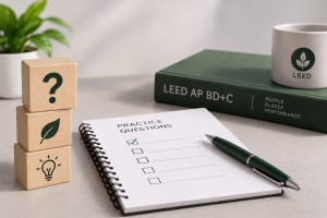 LEED AP BD+C practice questions notebook with study guide, question blocks and pen representing commonly missed exam questions.