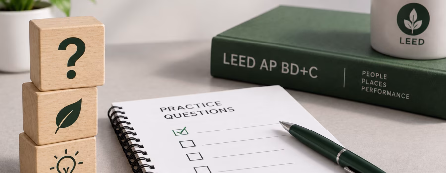 LEED AP BD+C practice questions notebook with study guide, question blocks and pen representing commonly missed exam questions.