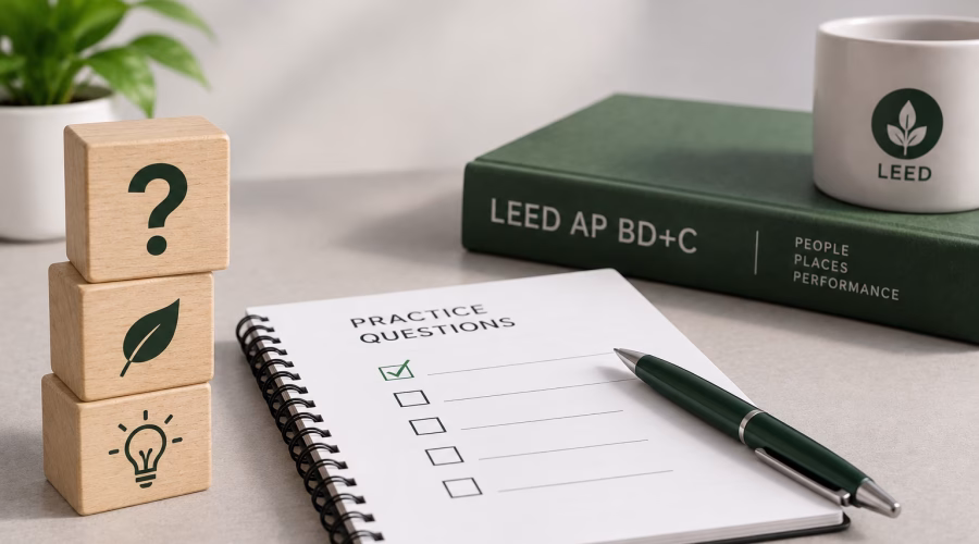 LEED AP BD+C practice questions notebook with study guide, question blocks and pen representing commonly missed exam questions.