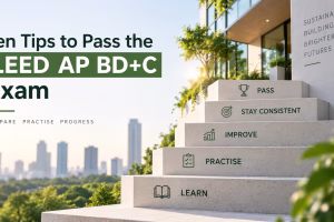 Steps representing learn, practise, improve, stay consistent and pass for successful LEED AP BD+C exam preparation.