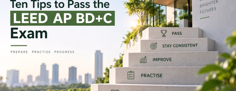 Steps representing learn, practise, improve, stay consistent and pass for successful LEED AP BD+C exam preparation.