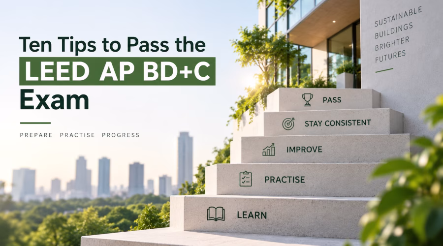 Steps representing learn, practise, improve, stay consistent and pass for successful LEED AP BD+C exam preparation.
