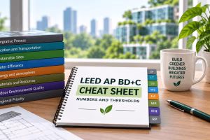 LEED AP BD+C cheat sheet with study materials highlighting key numbers and thresholds for exam preparation.