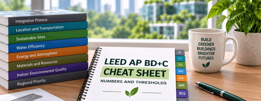LEED AP BD+C cheat sheet with study materials highlighting key numbers and thresholds for exam preparation.