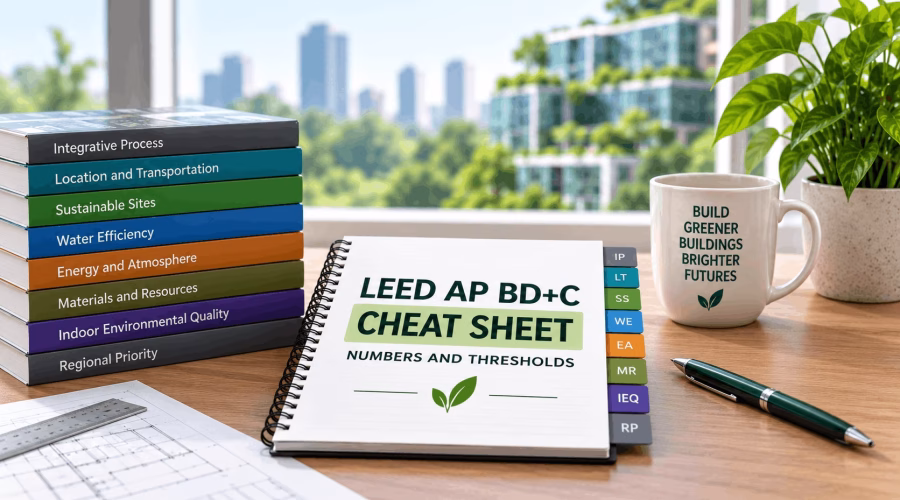 LEED AP BD+C cheat sheet with study materials highlighting key numbers and thresholds for exam preparation.