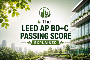 LEED AP BD+C passing score explained with a modern sustainable building and green landscaping.